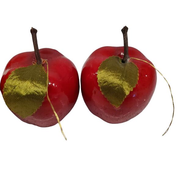 Vintage Red Apple Christmas Ornaments Light Weight Shiny Red Apples Green Silk - Picture 5 of 9